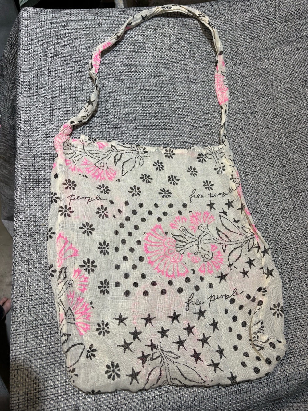 Free People Floral Polka-Dot Star Print Gauzy Linen Shopping Tote Bag purse